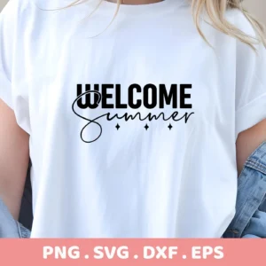 A woman wears a white t-shirt with a "Welcome Summer" SVG design in black, showcasing a digital download bundle.