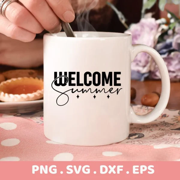 Close-up of a white mug featuring the "Welcome Summer" SVG design, part of a digital download bundle including PNG, DXF, and EPS formats.