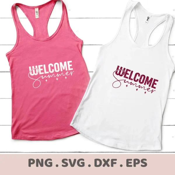 Two tank tops, one pink and one white, display the "Welcome Summer" SVG design, representing a digital download bundle including SVG and PNG formats.