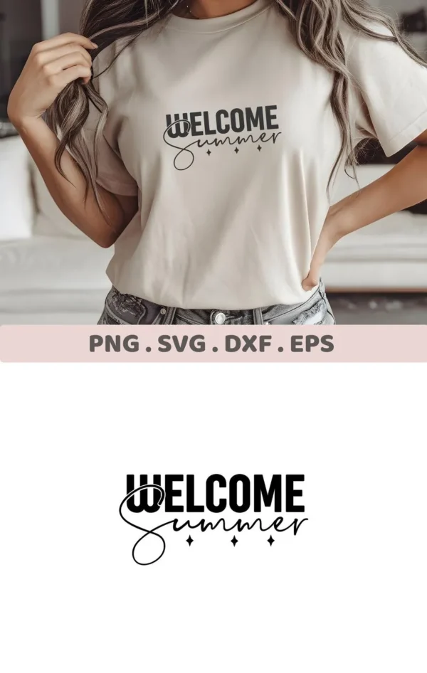 A woman models a t-shirt with a "Welcome Summer" SVG design, showcasing a digital download bundle including SVG and PNG files.