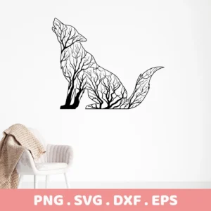 A Tree Wolf SVG Design, a digital download bundle (SVG, PNG), featuring a silhouette of a howling wolf filled with a tree branch pattern.