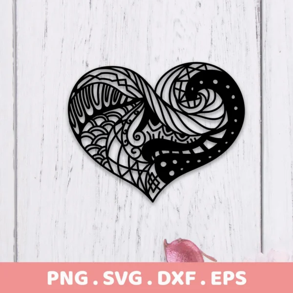 Intricate black Zentangle Heart SVG File design, shown as a digital download bundle including SVG and PNG formats.