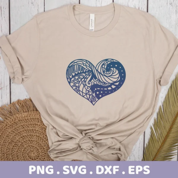 A beige t-shirt displays a blue gradient Zentangle Heart SVG File design, showcasing intricate patterns; a digital download bundle including SVG and PNG formats.