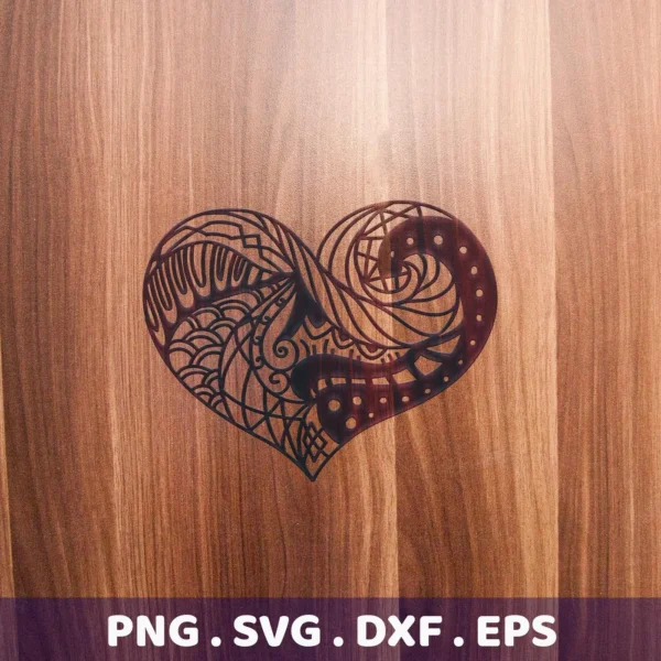 Intricate Zentangle Heart SVG File design, shown as a digital download bundle including SVG and PNG formats, displayed on a wood-grain background.