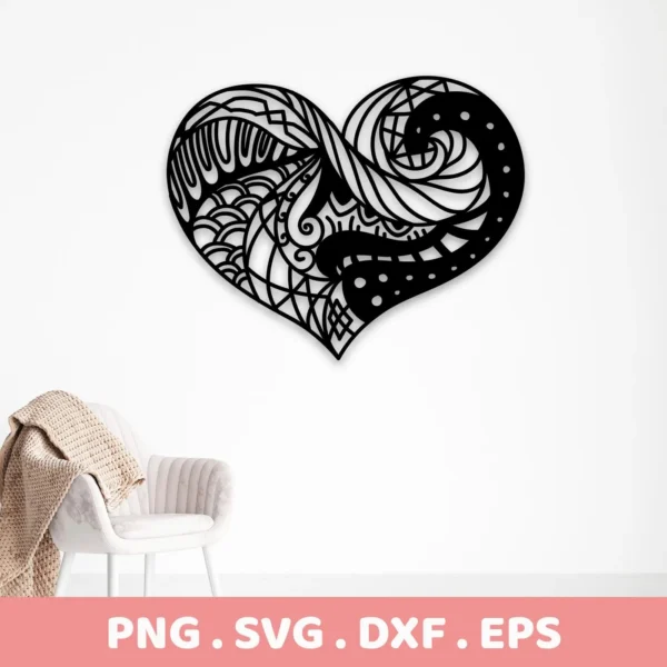 Intricate black Zentangle Heart SVG File design, shown as a digital download bundle including SVG and PNG formats.