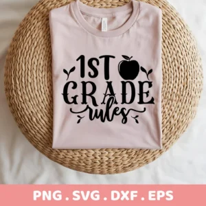 Pink t-shirt mockup featuring a "1st Grade Rules" SVG design, a digital cut file for back-to-school Cricut or Silhouette projects.