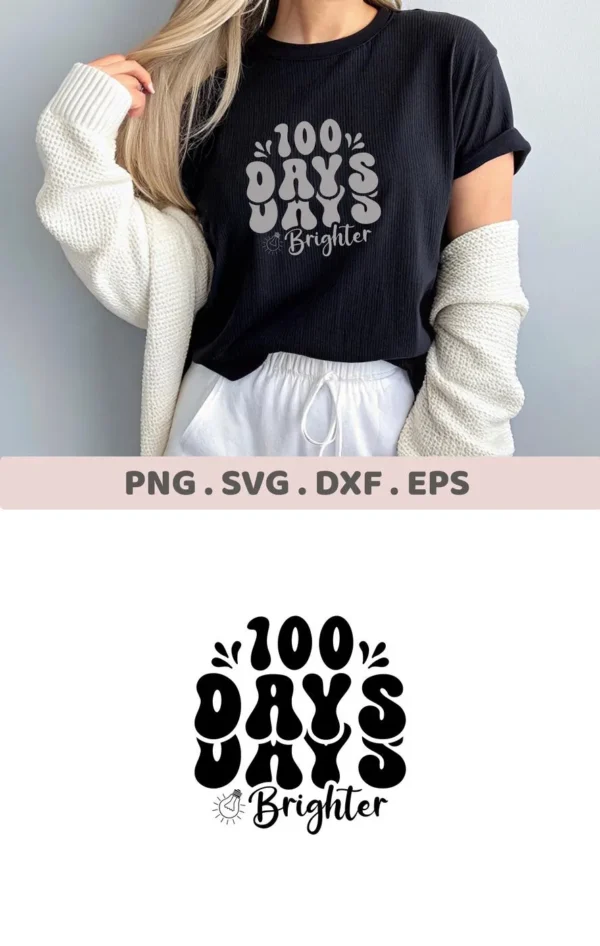 100 Days SVG" design on a black t-shirt, a digital file for back-to-school crafts.