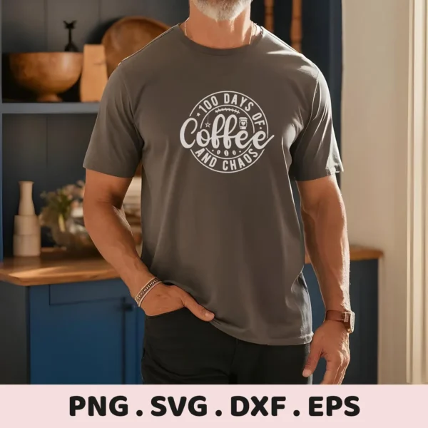 Man wearing t-shirt with "Coffee Chaos" design. Digital SVG file for crafting.
