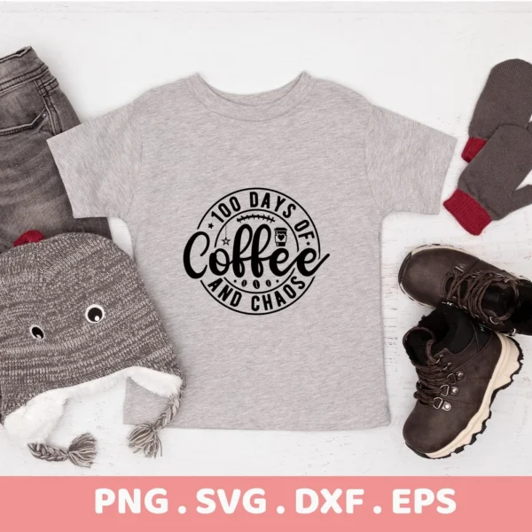 Gray t-shirt with "Coffee Chaos" SVG design, a digital file for Cricut and Silhouette projects.