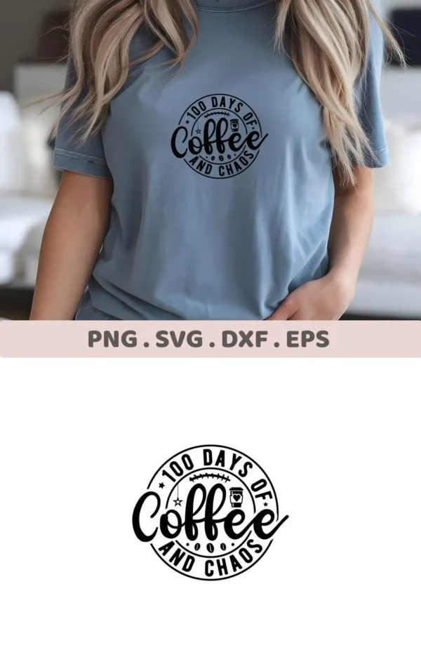 T-shirt mockup with "Coffee Chaos SVG" design, a digital file for Cricut and Silhouette projects.
