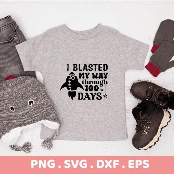 Gray t-shirt with "100 days SVG" rocket design, a digital file for Cricut and Silhouette.