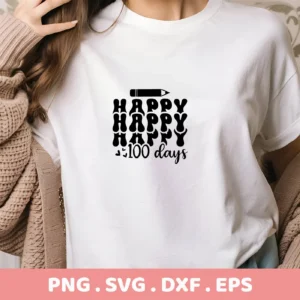 T-shirt mockup with "100 Days SVG" design, a digital cut file for Cricut and Silhouette projects.