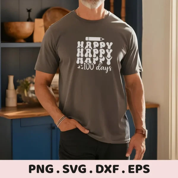 T-shirt mockup with "Happy 100 Days" design. 100 Days SVG cut file for Cricut, Silhouette, and other cutting machines.