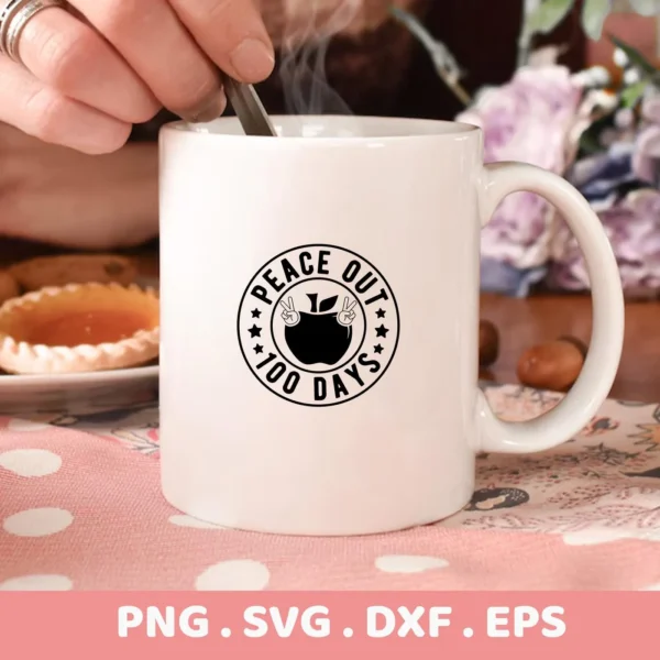Mug mockup with "Peace Out Kindergarten 100 Days" design. 100 Days SVG cut file for Cricut, Silhouette.