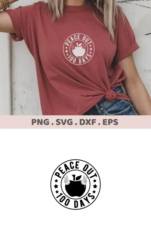 T-shirt mockup with "Peace Out Kindergarten 100 Days SVG" design, a digital cut file for Cricut and Silhouette.