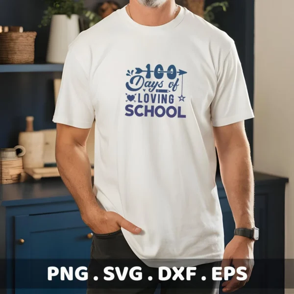 Man wearing white t-shirt with "100 Days School SVG" design. Digital cut file for teacher gifts.