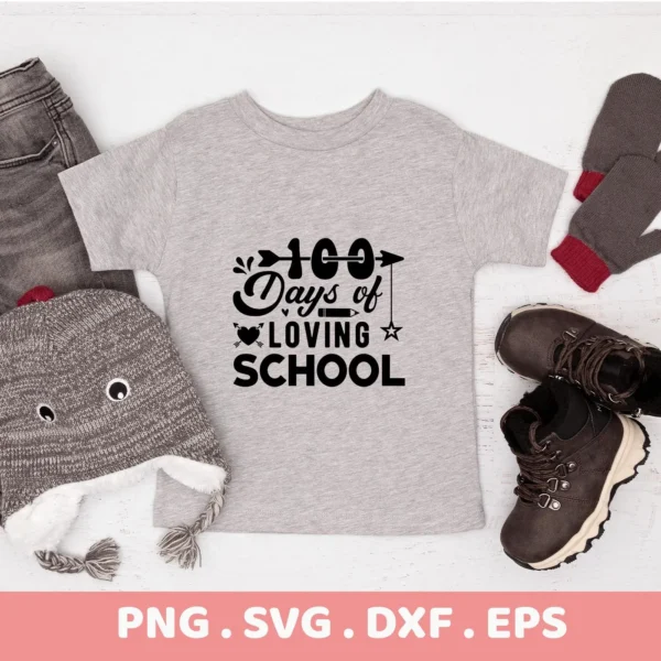 100 Days School SVG" design on a gray t-shirt, a digital cut file for Cricut and Silhouette machines.