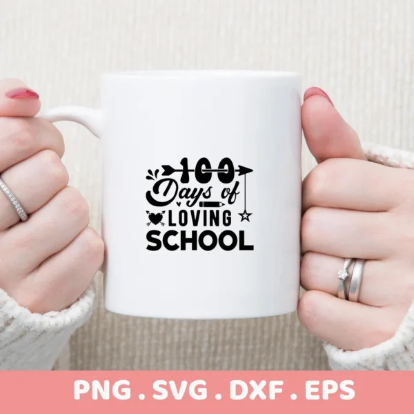 White mug mockup with "100 Days School SVG" design, a digital cut file for teacher appreciation gifts.
