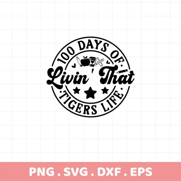 Black "100 Days SVG" design with school icons, a digital file for Cricut and Silhouette projects.