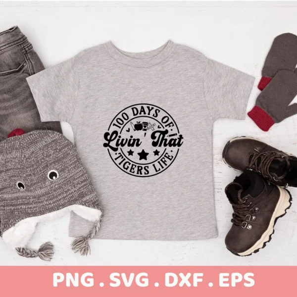 Gray t-shirt with "100 Days SVG" design, a digital download for Cricut and Silhouette crafting.