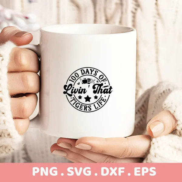 Mug mockup featuring "100 Days SVG" design. Digital file for Cricut, Silhouette crafting.