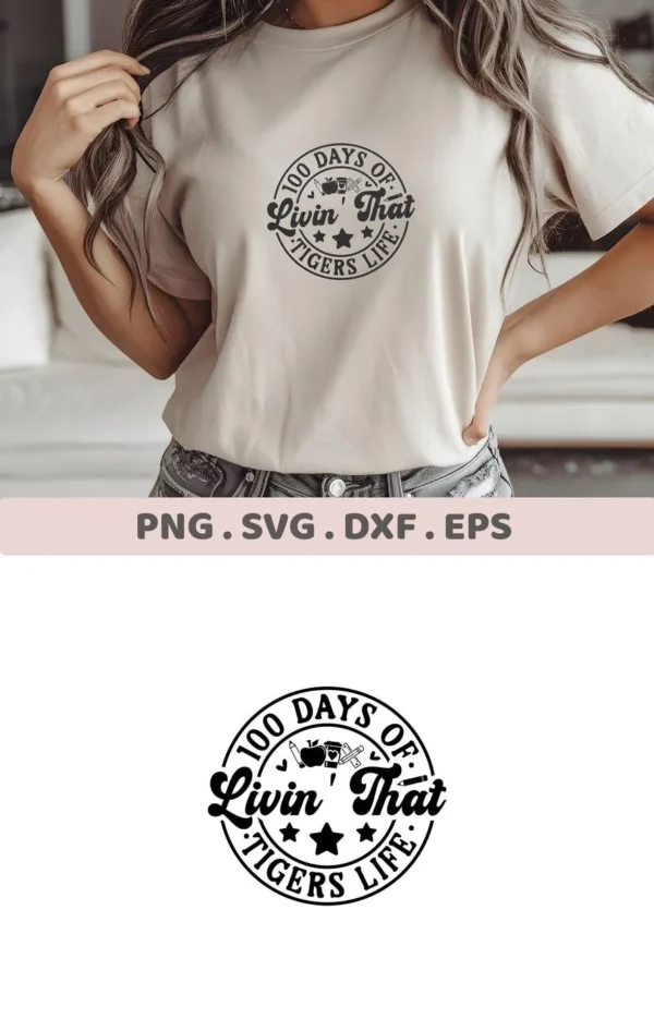 T-shirt mockup with "100 Days SVG" design. Digital file for Cricut, Silhouette crafting.