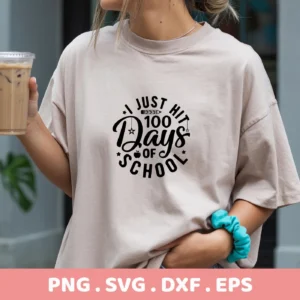 T-shirt mockup with "100 Days School SVG" design, a digital download for Cricut and Silhouette crafting.