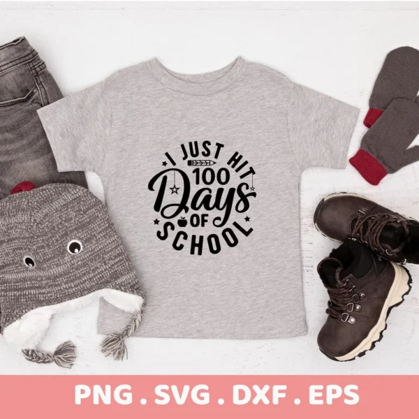 Gray t-shirt mockup with "100 Days School SVG" design, a digital file for Cricut, Silhouette projects.