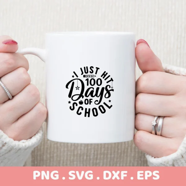 White mug mockup with "100 Days School SVG" design, a digital file for crafting 100th day celebration gifts.