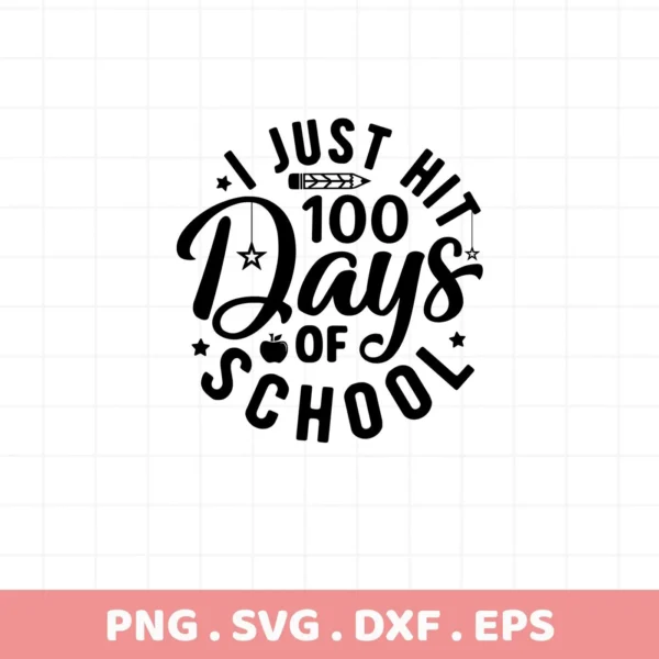 Black "100 Days School SVG" design with pencil and apple. Digital download for Cricut, Silhouette projects.