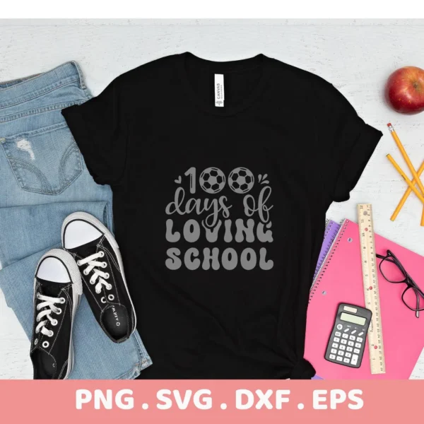 Black t-shirt mockup with "100 Days SVG" soccer design, a digital file for school projects.