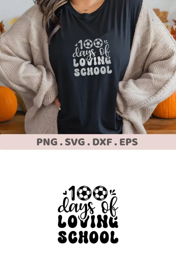 100 Days SVG" soccer design on a black t-shirt, a digital file for school projects.