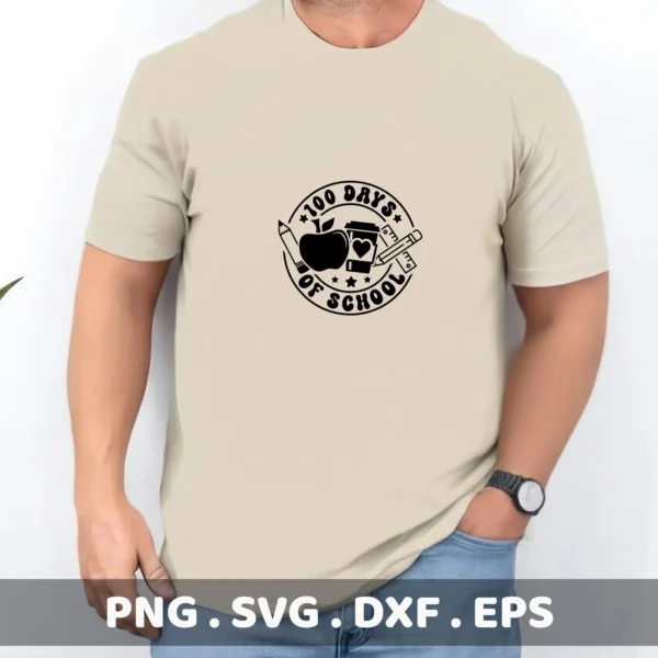 T-shirt mockup with "100 Days SVG" design, a digital file for Cricut and Silhouette projects.