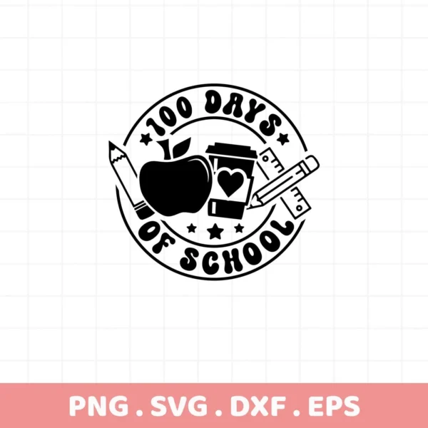 Black and white "100 Days of School" SVG design with apple, coffee, and pencils. Digital download for crafting.
