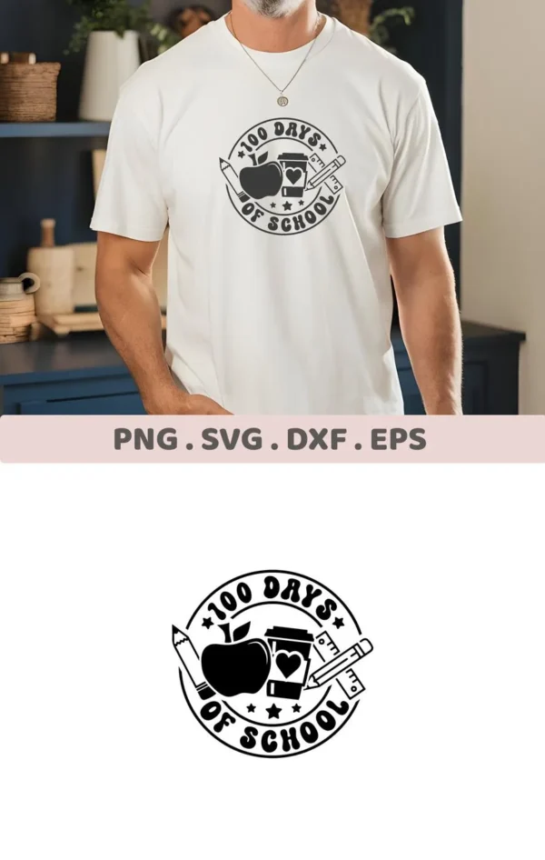 T-shirt mockup with "100 Days SVG" design. Digital download for teacher appreciation gifts.
