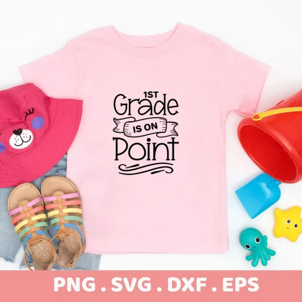Pink t-shirt mockup with "1st Grade" design, a digital SVG for Cricut, Silhouette crafting.