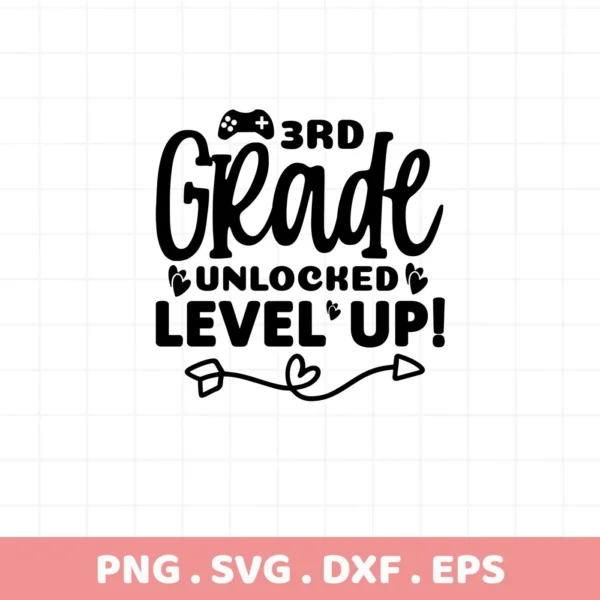 Black vector art: "3rd Grade Unlocked Level Up!" with gamepad. 3rd Grade Unlocked SVG cut file for Cricut, Silhouette.