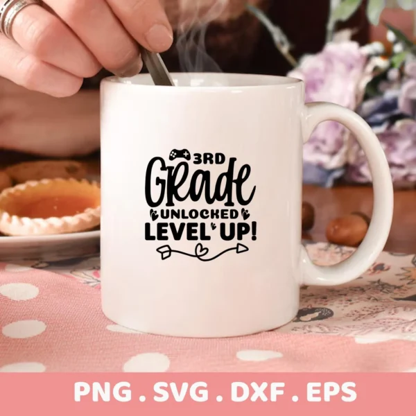 White mug featuring "3rd Grade Unlocked" SVG design. Digital cut file for back-to-school crafts. SVG, PNG, DXF, EPS formats.