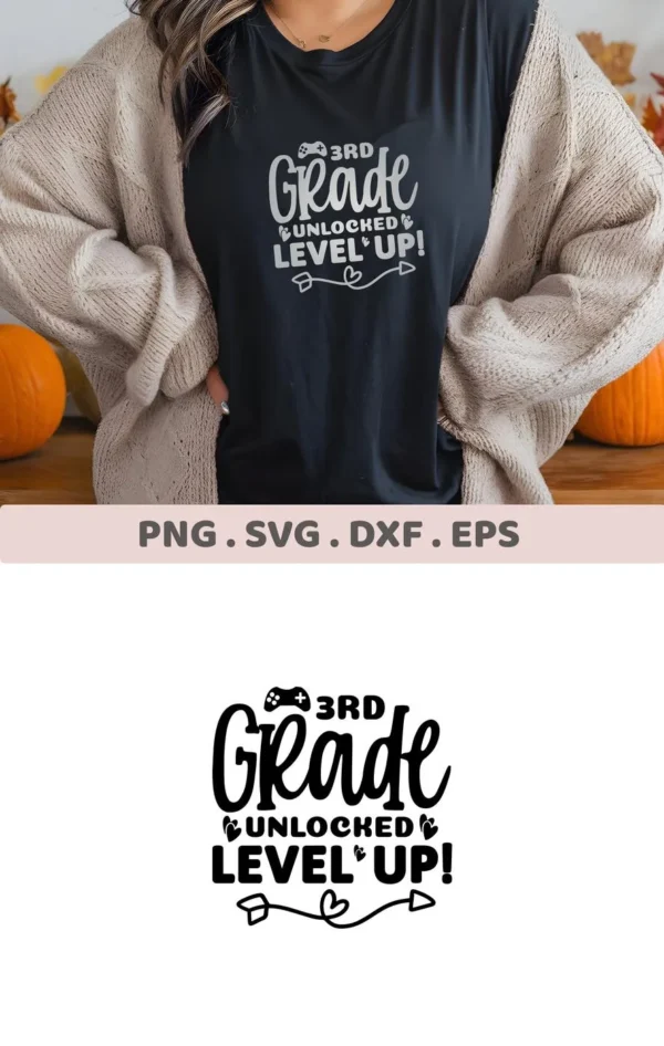 T-shirt mockup with "3rd Grade Unlocked SVG" design, a digital cut file for Cricut and Silhouette machines.
