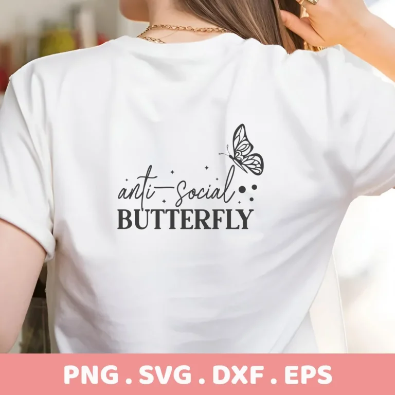 White t-shirt featuring "Anti Social Butterfly" design. Anti Social SVG file for Cricut, Silhouette projects.