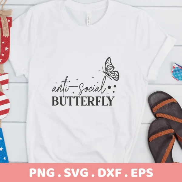 White t-shirt mockup with "Anti Social Butterfly" SVG design, a digital file for crafters.