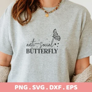 T-shirt mockup with "Anti-Social Butterfly" design. Anti-Social SVG file for Cricut, Silhouette, and other cutting machines.