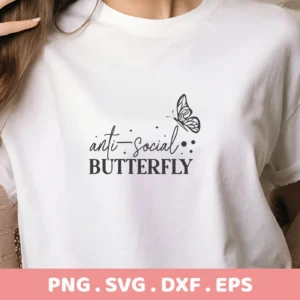 T-shirt mockup with "Anti-Social Butterfly" design. Anti-Social SVG digital file for Cricut and Silhouette crafting.