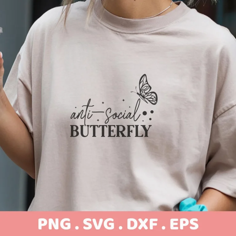 T-shirt mockup with "Anti-Social Butterfly SVG" design. Digital download for Cricut, Silhouette, and other cutting machines.