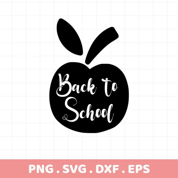 Black apple silhouette with "Back to School" text. Back to School SVG digital file for crafting.
