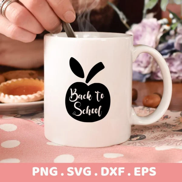 White mug with apple "Back to School" SVG design, digital file for Cricut and Silhouette.