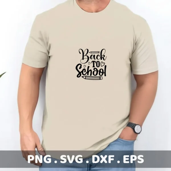 Back School SVG" design on a beige t-shirt, a digital file for teacher appreciation gifts.