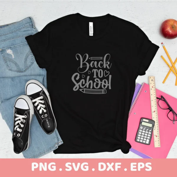Black t-shirt with "Back School" SVG design, a digital file for teacher gifts.