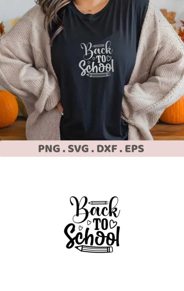 T-shirt mockup with "Back School SVG" design, a digital file for Cricut and Silhouette projects.