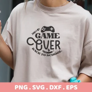 T-shirt mockup with "Game Over SVG" back to school design, a digital cut file for crafters.